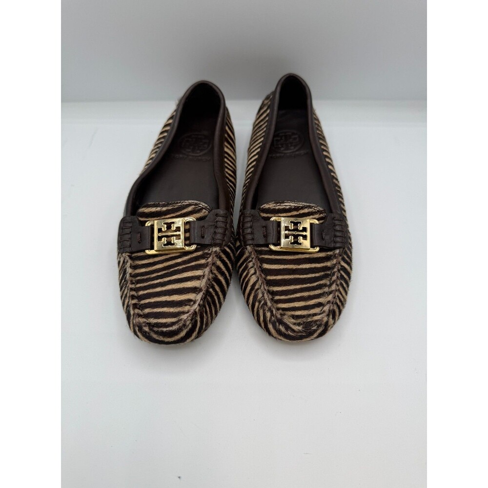 Tory Burch Womens 5M Zebra Calf Hair Driving Loafers Brown Gold Logo Moccasins